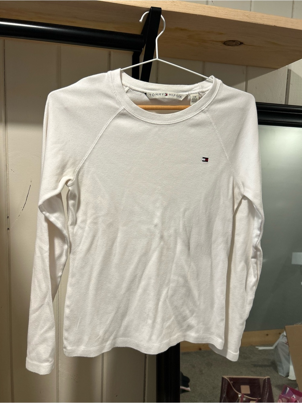 Tommy Hilfiger White Long Sleeve Tee with Small Flag Logo - L